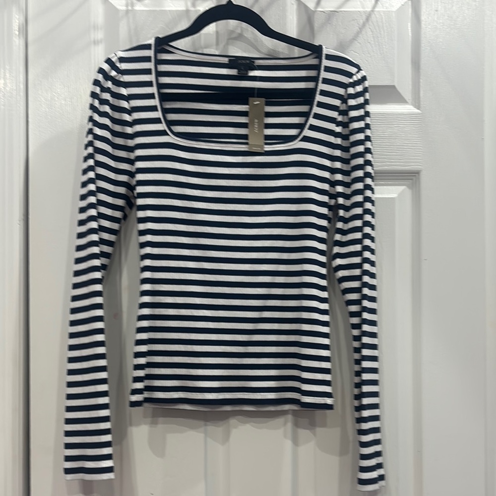 J. Crew Black and White Fitted Blouse with Scoop Neckline